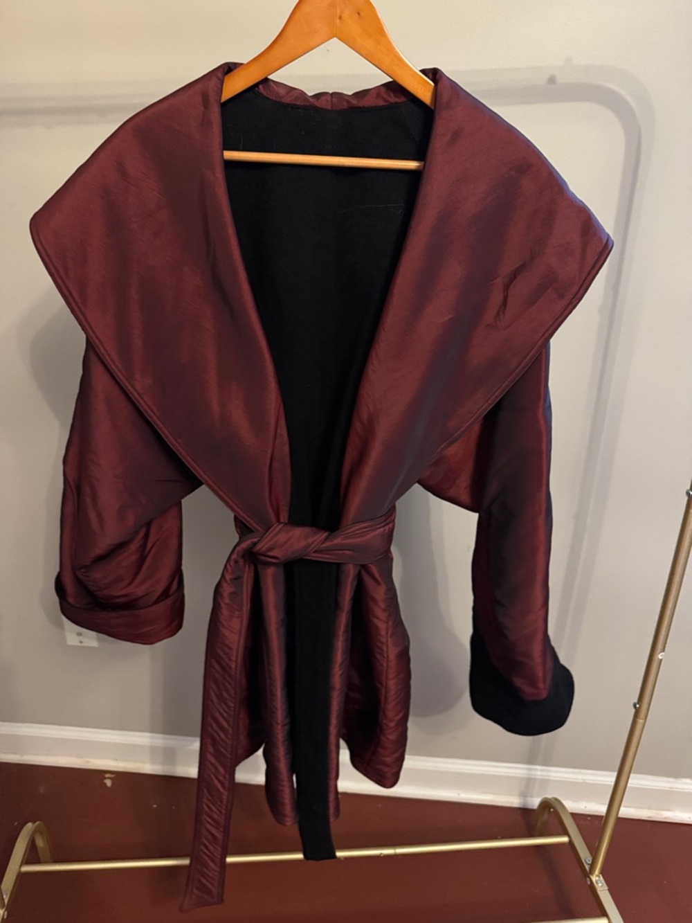 Silky Wrap Reversible Belted Jacket in Deep Burgundy